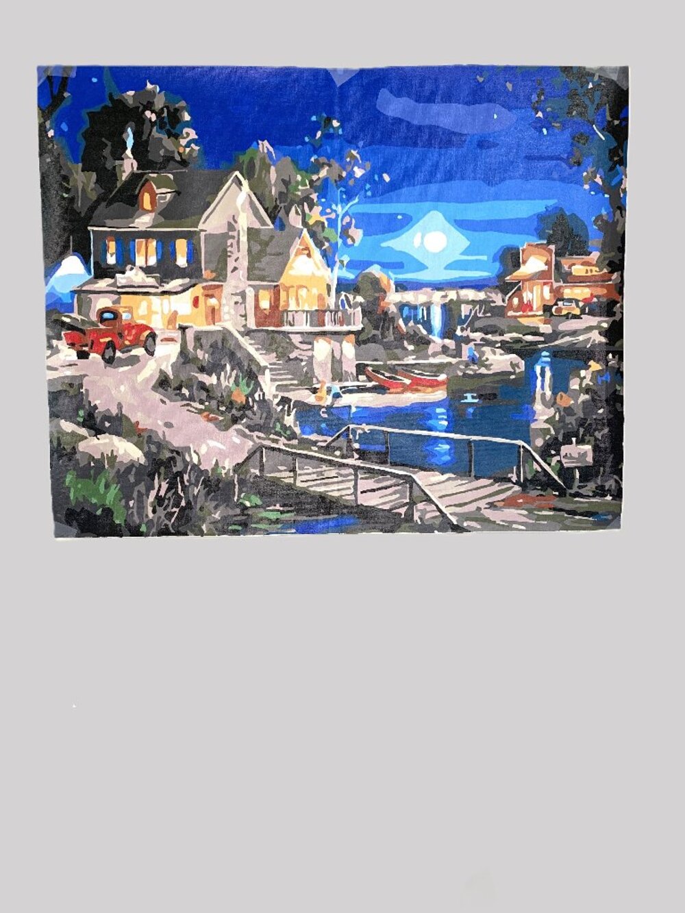 Lakeside Village at Night Paint-by-Number Artwork. Completed. Unframed 16X20 in
